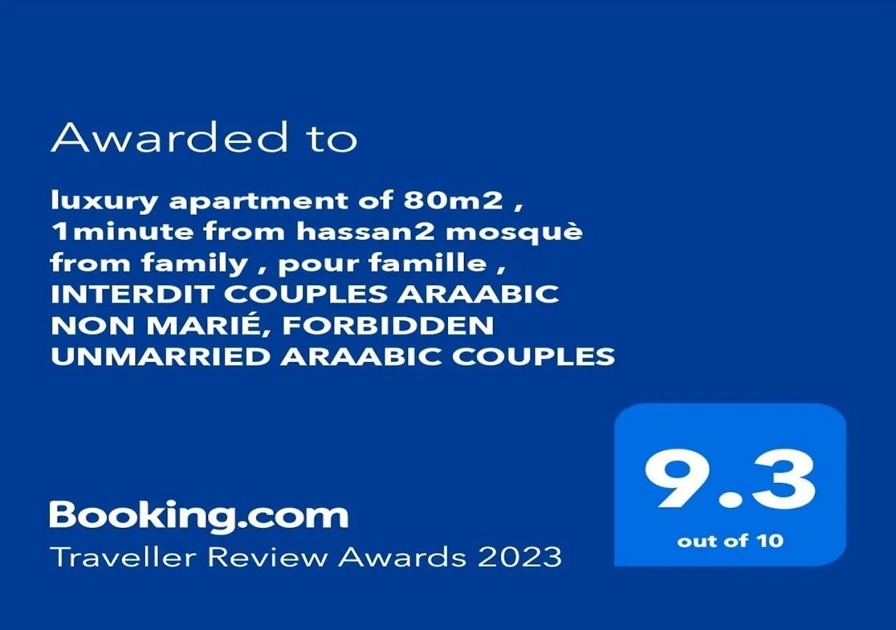 luxury apartment of 80m2 , 1minute from hassan2 mosquè from family , pour famille , INTERDIT COUPLES ARAABIC NON MARIÉ, FORBIDDEN UNMARRIED ARAABIC COUPLES Casablanca 0*,
